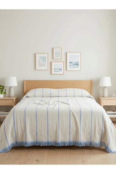 Bej Home Blue Striped Double-Sided 4-Layer Muslin 100% Cotton Double Bedspread/Bed Throw 240X260 cm King Size