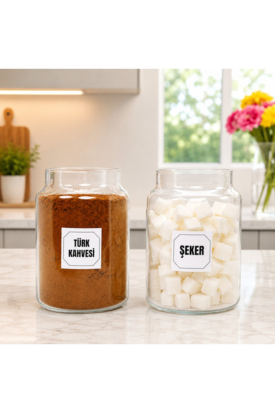 mafa home Set of 2 Wooden Vacuum Lid Glass Turkish Coffee Sugar Storage Jar Set 800 ml with Label Gift