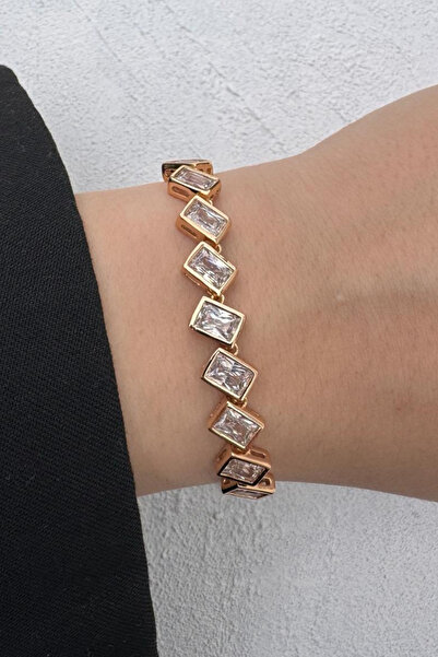 Leo'Stone Rose Gold Baget Taş Detaylı Zarif Zincir Kadın Çelik Bileklik Kararmaz Renk Atmaz