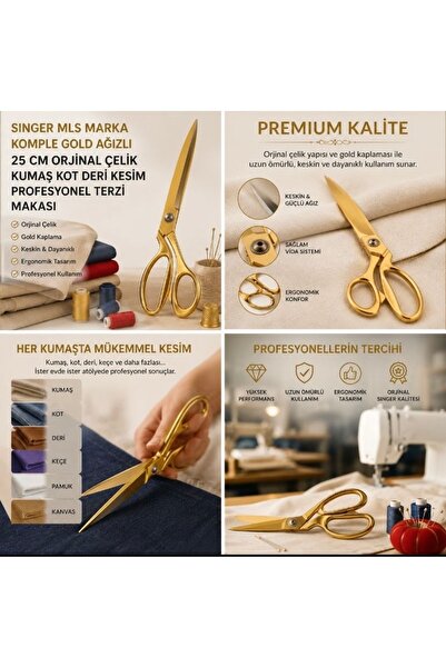 SİNGER MLS Marka Komple Gold Ağızlı 25 Cm Orjinal Çelik Kumaş Kot Deri Kesim ...