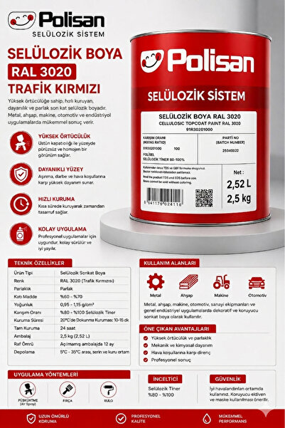 Polisan Selülozik Boya Trafik Kırmızısı Rengi Ral : 3020 2.5 KG (2.25LT) 1 AD...