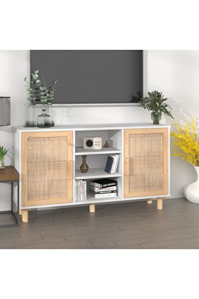 Concept Servantă, alb, 105x30x60 cm, lemn masiv pin și ratan