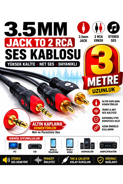 harry 3 Metre 1.kalite Stereo 3.5mm To 2 Rca Kablo Aux 5 1 Ses Sistemi - 3m A...