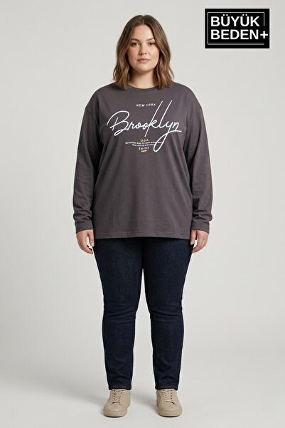 Süperlife Women's Large Size Handwritten Brooklyn Printed 2 Thread Crew Neck ...