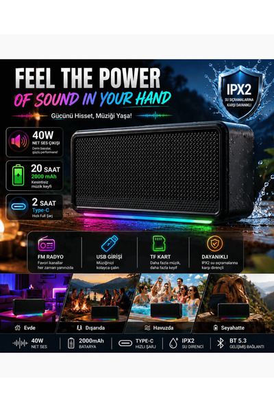 Boomboxtr 40W Bluetooth Hoparlör Taşınabilir RGB Speaker 8000 mAh FM Radyo US...