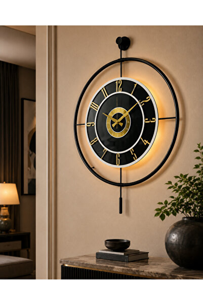 Pey Aksesuar Metal Camlı Duvar Saati 60x80 Cm Büyük Boy Işıklı Gerçek Cam Siy...