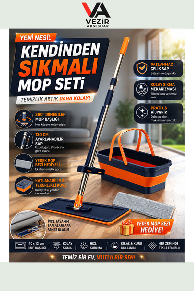 BUFFER®PX Akıllı Mop & Kova Seti – Katlanabilir, Kendinden Sıkmalı, Mikrofibe...