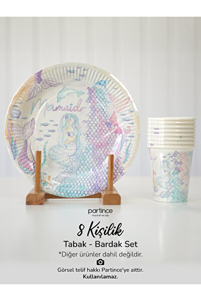 partince 8 Kişilik Mermaid Deniz Kızı Tema Tabak Bardak Set Kullan At Karton ...