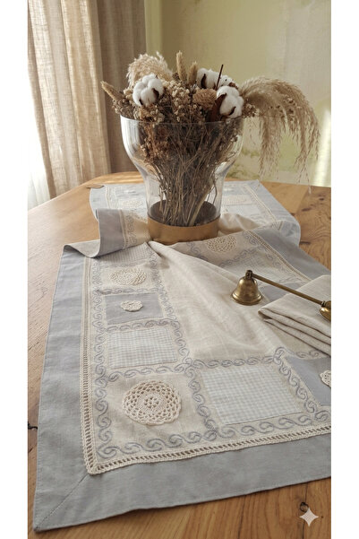 Bohemian Mavi El Işi Patchwork Dantelli Naturel Runner