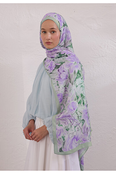 Freshscarfs Mint Yeşili Pure Flora Desen Rami Şal