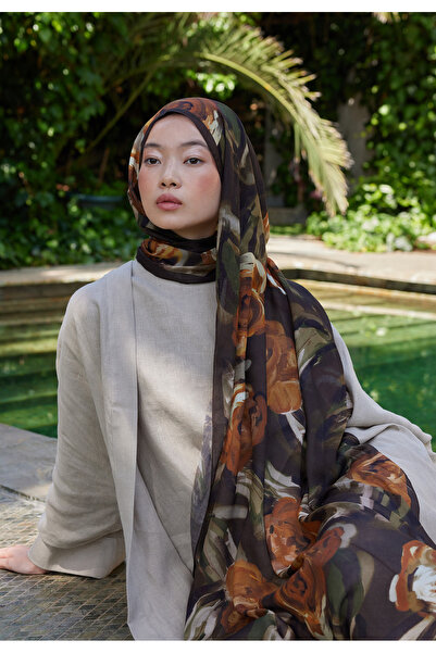 Freshscarfs Summer Rose Desen Rami Şal Kahve