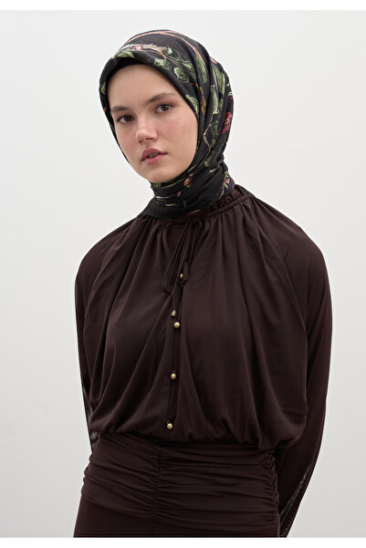 Freshscarfs Μαύρο φουλάρι από βαμβάκι και βισκόζη με σχέδιο λουλουδιών και βρ...