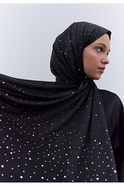 Freshscarfs Siyah Gümüş Strass Taşlı İpeksi Şal