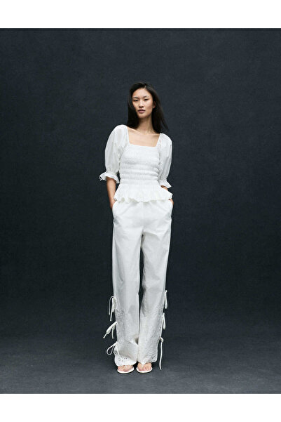 Marks & Spencer Saf Pamuklu Nakışlı Bağlama Detaylı Wide Leg Pantolon