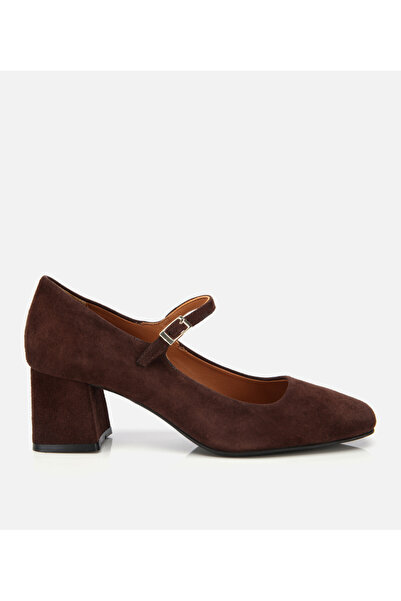 Hotiç Women's Suede Leather Mary Jane Brown Thick Heeled Shoes
