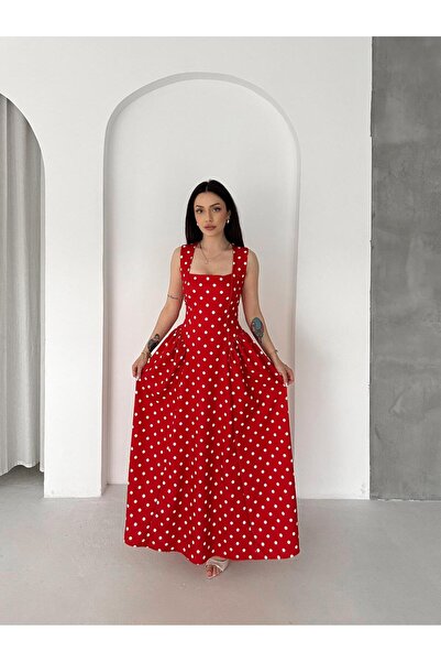 LAMİFUSTORE Polka Dot Pattern Strap Midi Dress