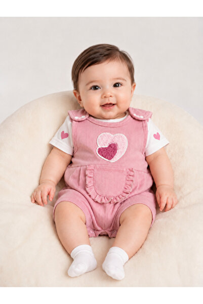Uğur bebe Baby Girl 3-Piece Powder Color Hearted Romper Set 100% Cotton Snap-...