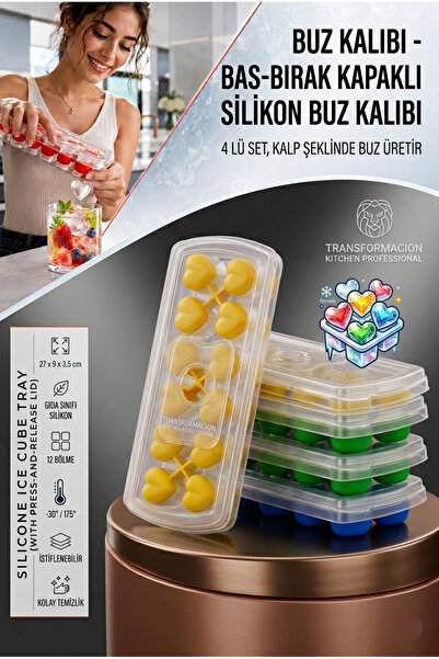 Transformacion 4'lü Set Kapaklı Silikon Buz Kalıbı | Bas-Bırak Kalp Model Pra...