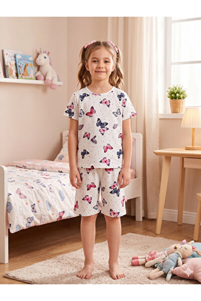 Pijamakids Κοριτσίστικο βαμβακερό λευκό κοστούμι καλοκαιρινής πιτζάμας με κον...