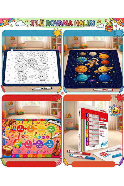 Nizal Home 3 Parça Eğitim Halısı Yıkanabilir Tekrar Boyanabilir Çocuk Odası O...