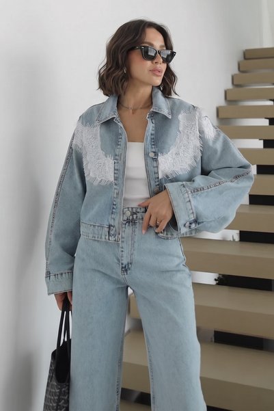 SHILSEE BEUTİQUE Women's Lace-Detachted Denim Bat Sleeve Jacket and Pants Suit Light Blue
