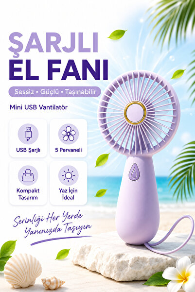 Ecuy Şarjlı Sessiz Güçlü El Fanı Mini Taşınabilir USB Vantilatör 5 Pervaneli Fan