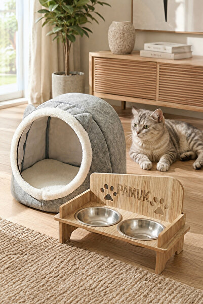 GOBYPET İsim Yazılabilir Kare Mama Kabı Ve Keçe Kedi ve Küçük Irk Köpek Evi S...