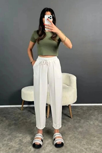 PHANTOM JEANS Γυναικείο Παντελόνι Λευκό Χρώμα Ελαστική Μέση Υφασμάτινο Παντελ...