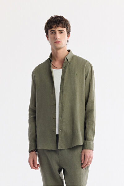 Avva Men's Khaki Button-Down Collar 100% Linen Comfort Fit Shirt B002191
