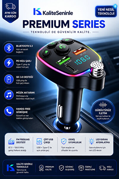 KALİTESENİNLE Bluetooth Araç Kiti Araç Fm Transmitter USB Type-C MP3 SD Kart ...
