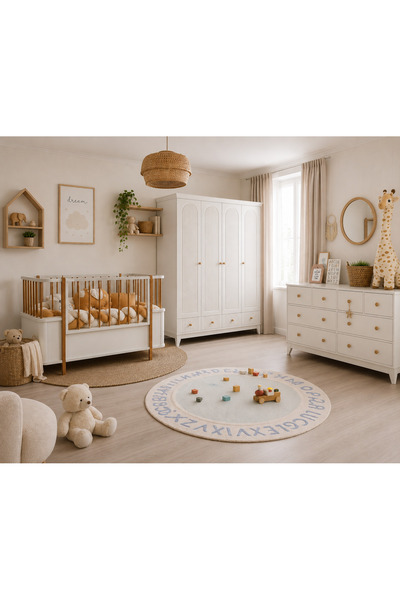 Koza %100 MDF Bohem Mega Ahşap Beyaz Bebek Odası Takımı (4 Kapılı Dolap& Bonnie Şifonyer & Büyüyen Beşik)