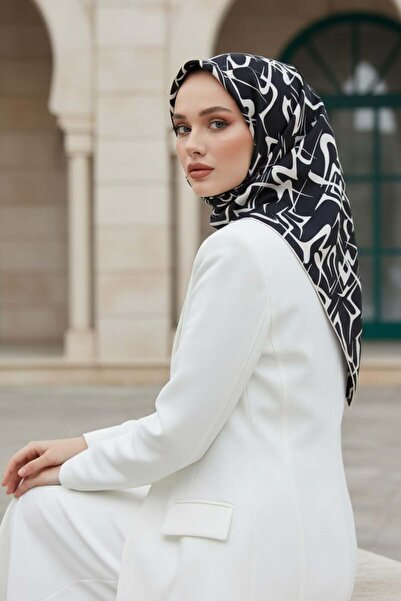Vissona %100 Twill İpek Soyut Geometrik Desenli Siyah - Krem Renkli 90x90 Eşa...