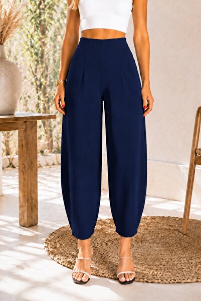 MevaMoss Pantaloni din țesătură crep, model larg, tip balon, albastru închis.
