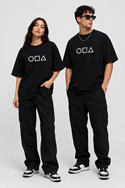 Luliana Unisex Black Oversize Minimal Geometric Symbol Printed Crew Neck T-Shirt