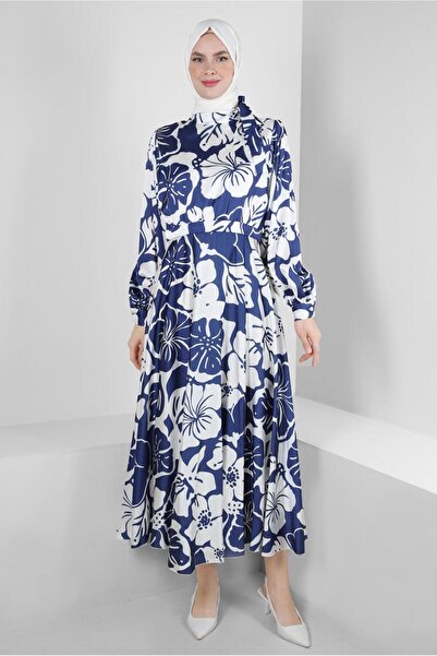 Alvina FLOWER PATTERNED COLLAR TIE SATIN DRESS 43769