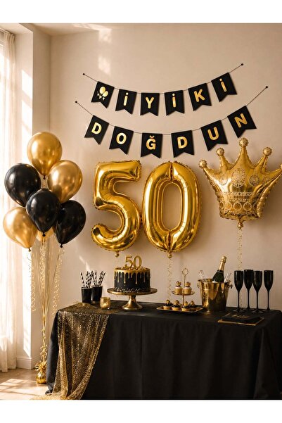 Parti Adresi 50 Yaş Balon Seti Doğum Günü Parti Seti Siyah Altın