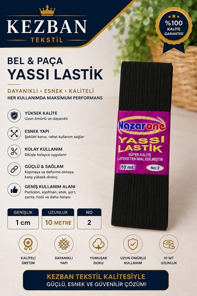 Kezban Tekstil Siyah 1 Cm Eninde 10 Metre Yassı Lastik Bel Paça Lastiği