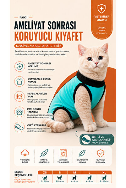 Midilla Kedi Ameliyat Sonrası Kıyafeti Cırtlı Koruyucu Tulum Yara Koruma ve İ...