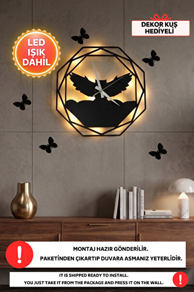 Dekor Led Işıklı Baykuş Duvar Saati Sessiz Dekoratif Modern Siyah Ahşap Duvar...