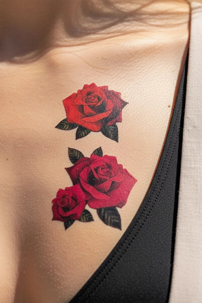 HEDİYEVİM Unisex Gül Geçici Dövme, Kol,bilek Göğüs Dövmesi, Tattoo Kırmızı