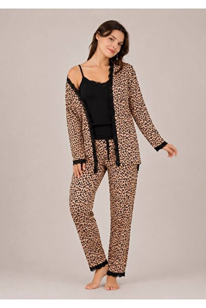GAMDELLE MODA Women's Leopard Print Three-Piece Set with Dressing Gown