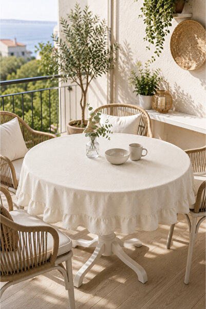 Luxoras Home Keten Fırfırlı Yuvarlak Masa Örtüsü Country Bohem Dekoratif Salo...