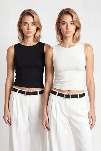 Lovelyİstanbul 2’li Paket Basic Crop Viskon Bluz LRN0012 SİYAH EKRU