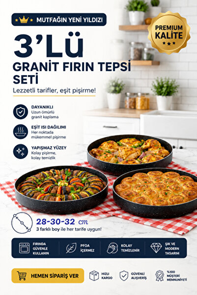 MEŞELER meşeler granit fırın kabı fırın tepsisi 3 lü set 28 cm - 30 cm -32 cm