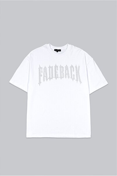 Fadeback Tricou bărbătesc alb oversize cu strasuri și pietre argintii, stil t...