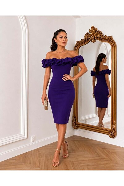 Modafeminen Rochie mov cu volane, fără umeri, tip creion 583251