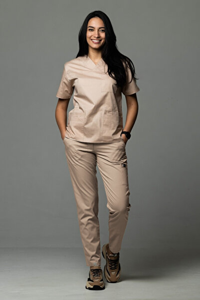 tag Costum medical New Cotton Stretch pentru femei, culoare pudră, bej