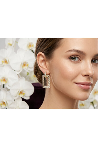 ZENA ACCESSORİES DİKDÖRTGEN ZİRKON TAŞLI GOLD ÇELİK KÜPE