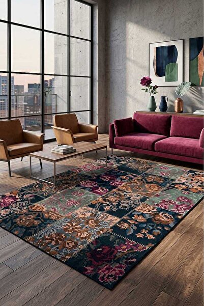 Frenda Patchwork Desen Dokuma Pamuk Taban Dijital Dekoratif Halı Vizon