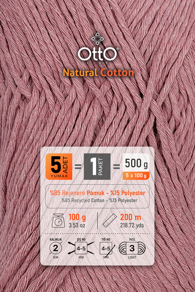 OTTO LINE Natural Cotton • Dried Rose (6037) • 5-Pack × 100 Gr / 200 m • 2 mm • Cotton Thread • Punch, Amigurumi, Macrame